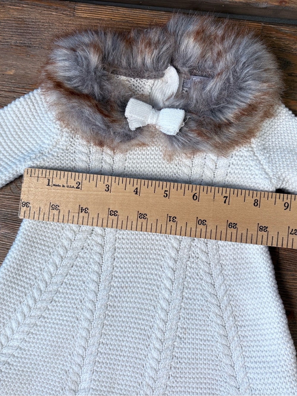 Tahari Baby Cream Cable Knit Faux Fur Collar Dress Sweater Coat Bow 0-3M - Picture 4 of 6